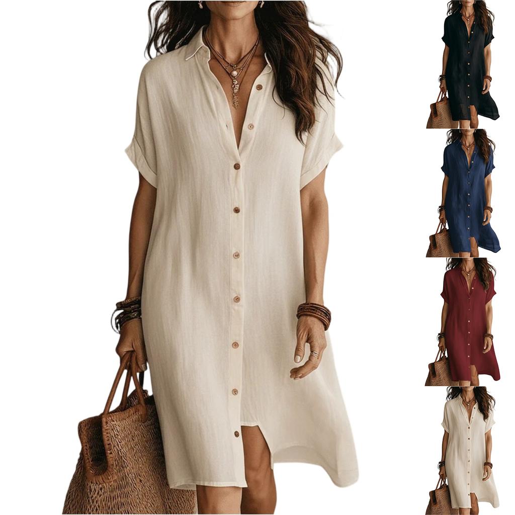 Loose Fit Button Down Shirt Dress Short Sleeve Casual Collar Design Lightweight Fabric Knee Length