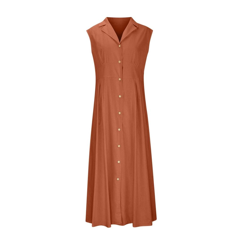 Lightweight Cotton Linen Dress For Women Summer Button Down Lapel Collar Casual Sleeveless Dresses