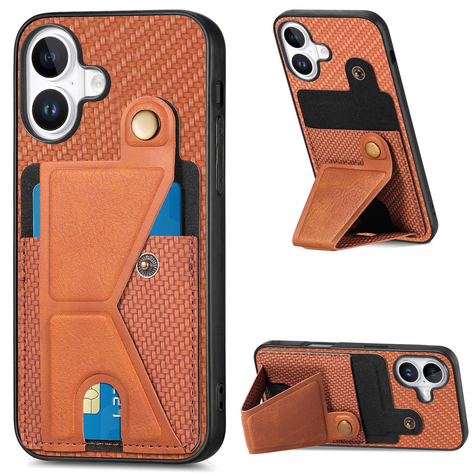 

For iPhone 16 Case K-Shaped Kickstand Leather+PC+TPU Phone Cover Brown