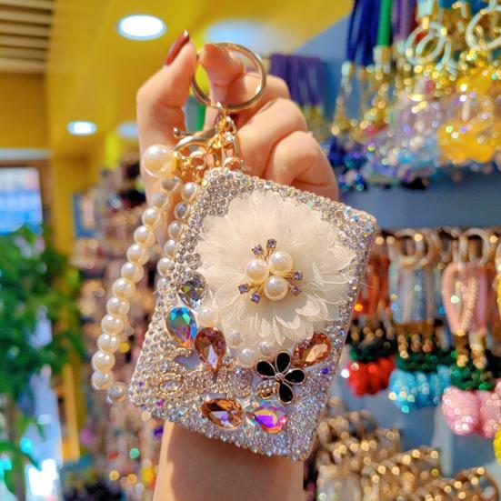 Strass Doppel-Taschenspiegel Schlüsselanhänger Klein Bling Reise Klapp-Kosmetikspiegel Perlenkette Taschenanhänger für Damen Geldbörse Handtasche Geldbörse Zubehör