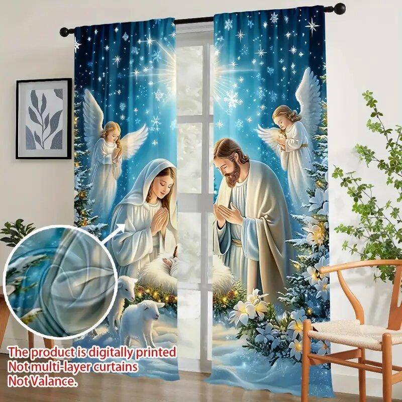 2pcs - Christmas Night scene angel and snowflake pattern printed curtains, pole bag curtains, home decoration, room decoration