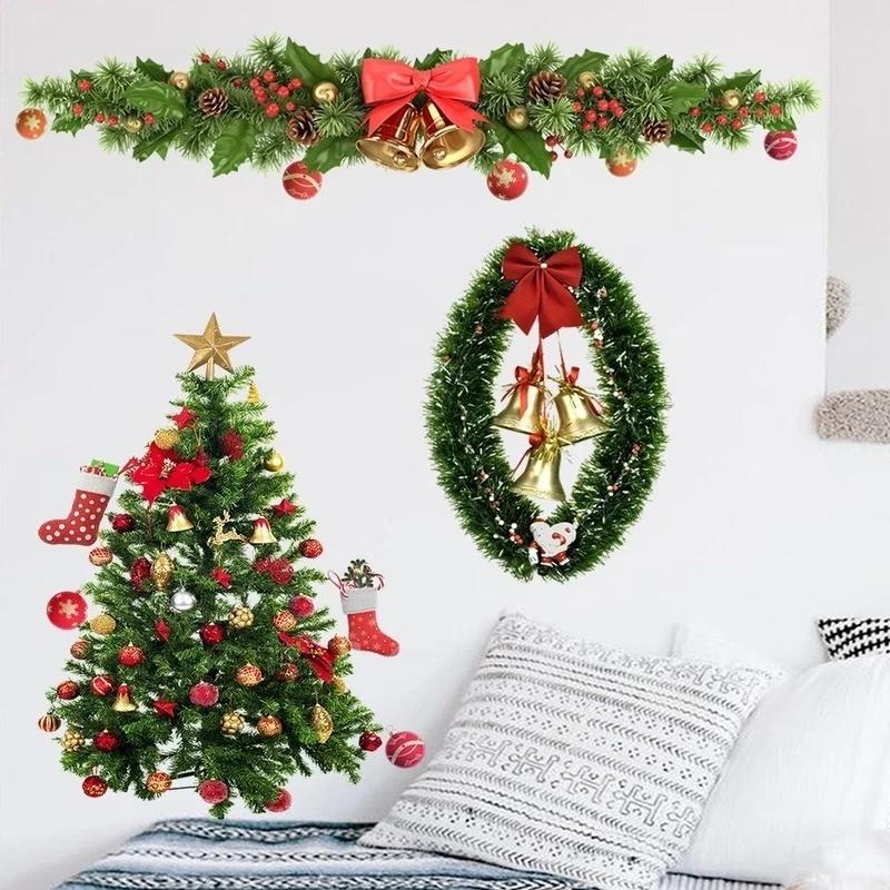 Christmas Garland Tree Bells Wall Sticker Decoration Santa Fireplace Removable  Home Vinyl Mural Fashion Accessories