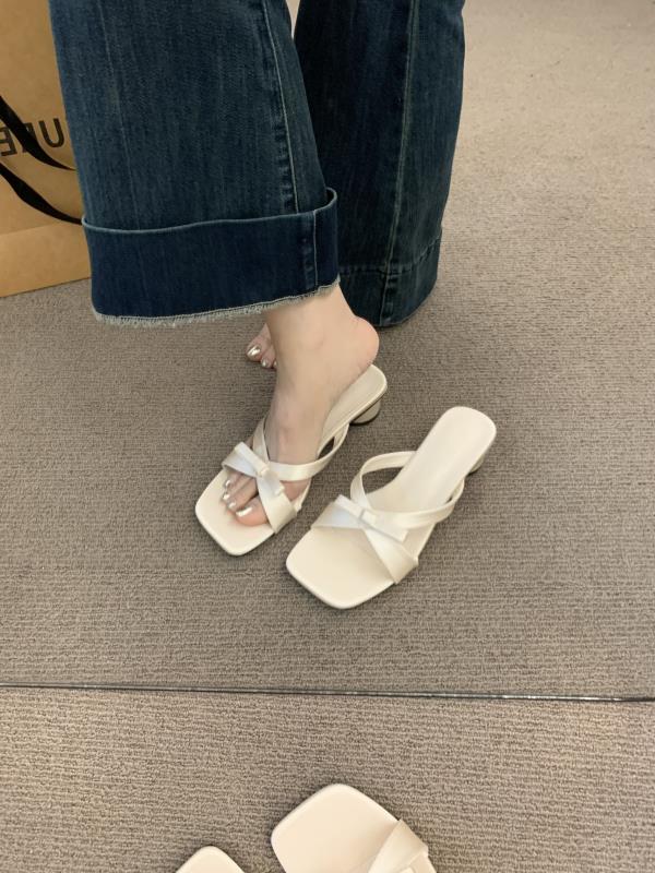 Fashion Slippers Casual Female Shoes Beige Heeled Sandals Slides Butterfly-Knot Square heel Luxury 2025 Black Block Butterfly-knot