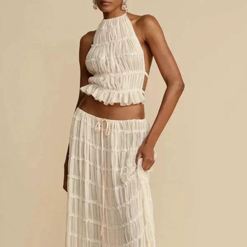 

2025 Summer Women s Multi-color Sleeveless Backless Halter Wide-leg Skirt Set M рожевий