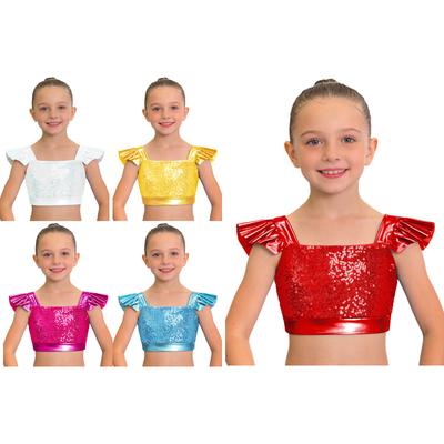 Kids Girls Jazz Dance Performance Tops Square Collar Ruffled Sleeves Sparkling Sequin Metallic Crop Top