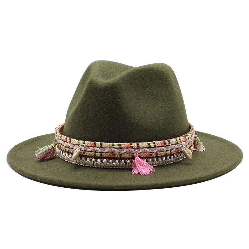 Woolen Top Hat, Fringed Minority Style Jazz Hat, Retro Flat-Brimmed Big Eaves Hat.