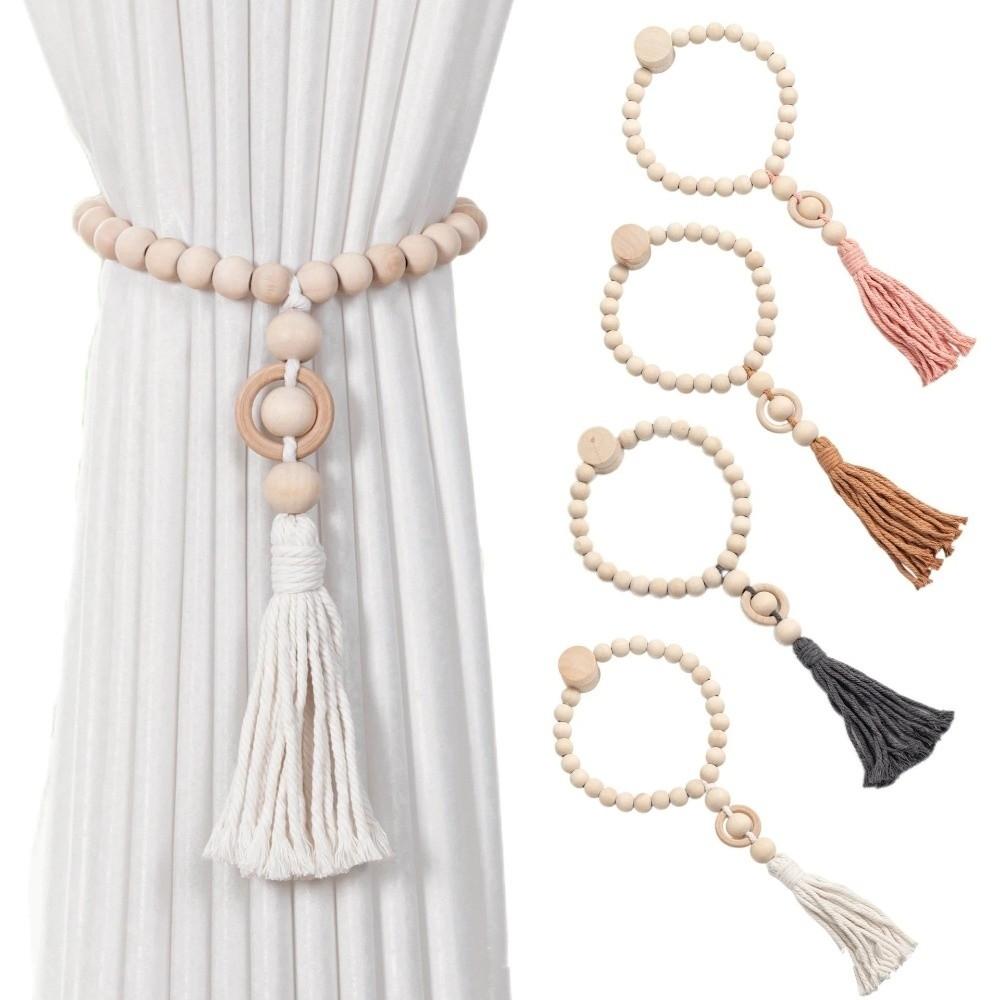 Rustic Wooden Beads Curtain Holdbacks Bohemian Style Decorative Curtain Buckle with Tassels Curtain Tape Wall Hanging Decor