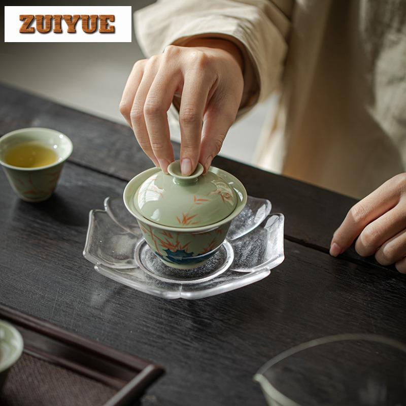 120ml Hand-painted Pink Bamboo Pastel Green Gaiwan Ancient Tea Tureen Tea Bowl With Lid Kit Tea Maker Cover Bowl Tableware Gift