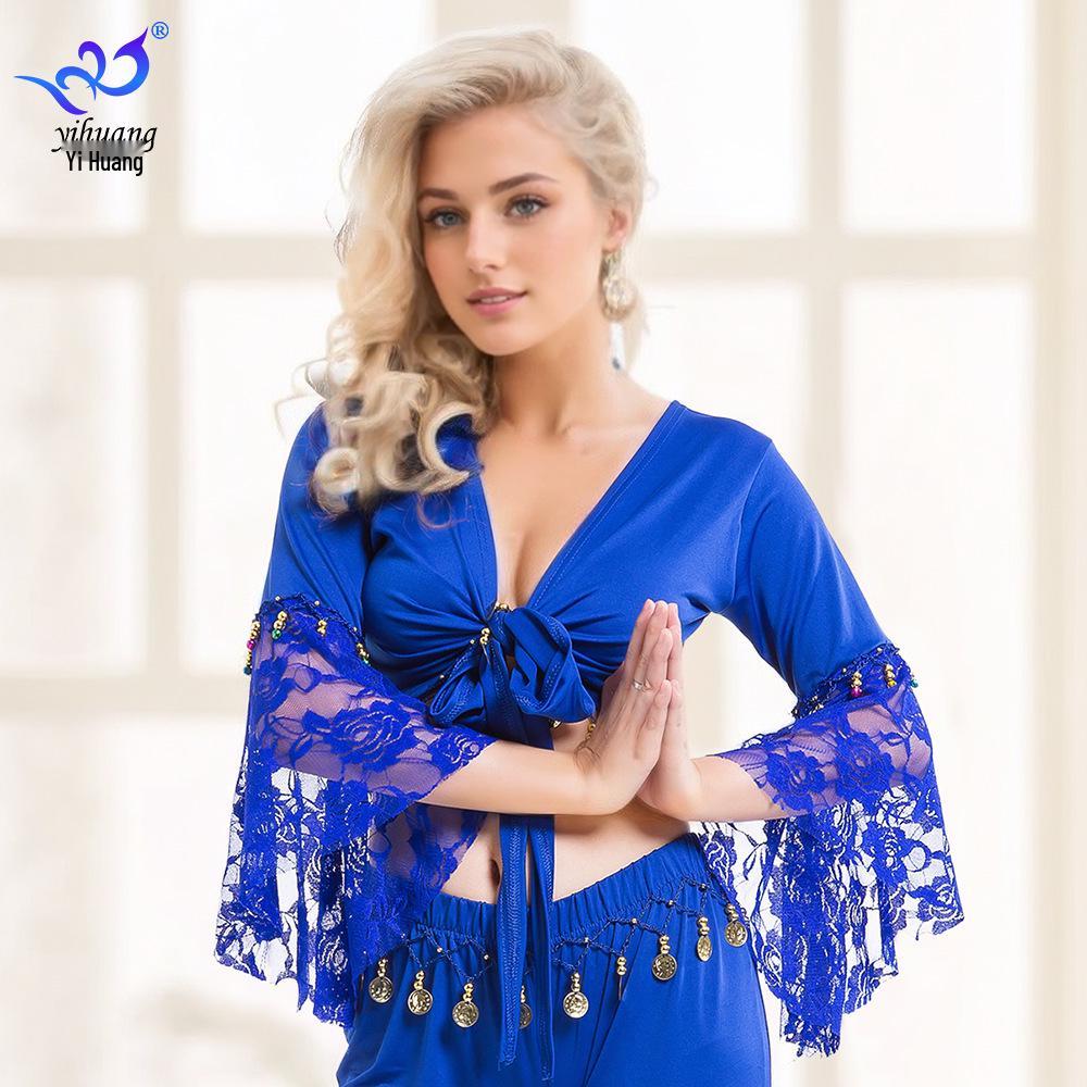 Belly Dance Lace Top with Flared Sleeves and Tassels for Performances