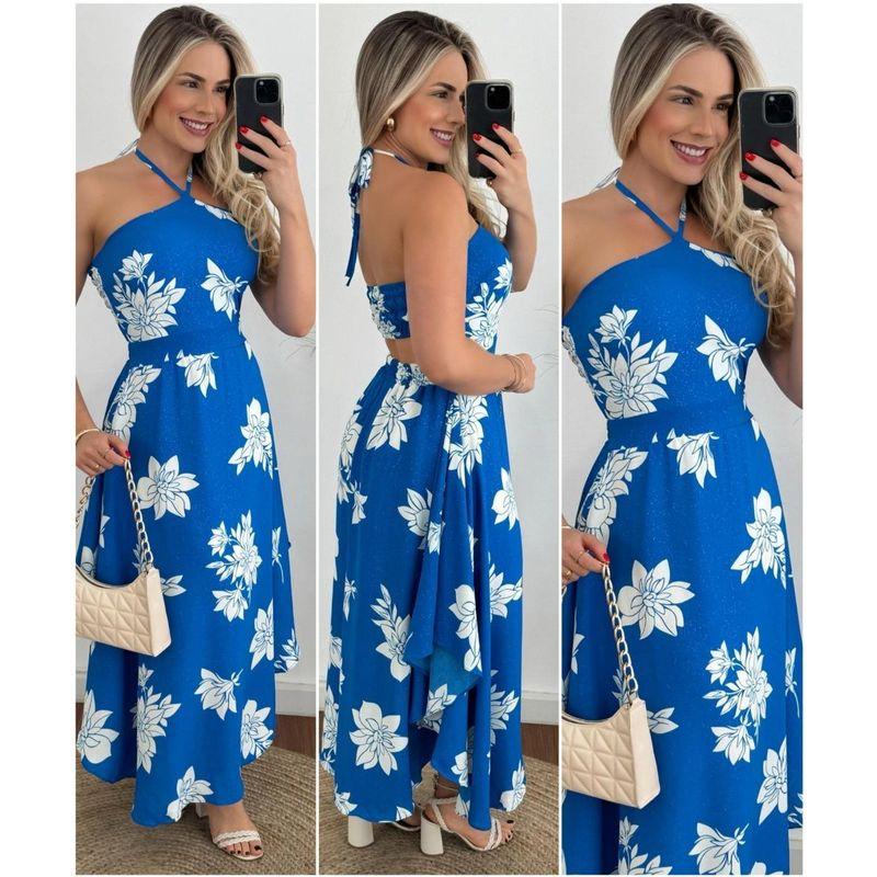 

Holiday Style Personality Print Hanging Neck Tube Top Thin Drawstring Dress Blue Print Skirt L