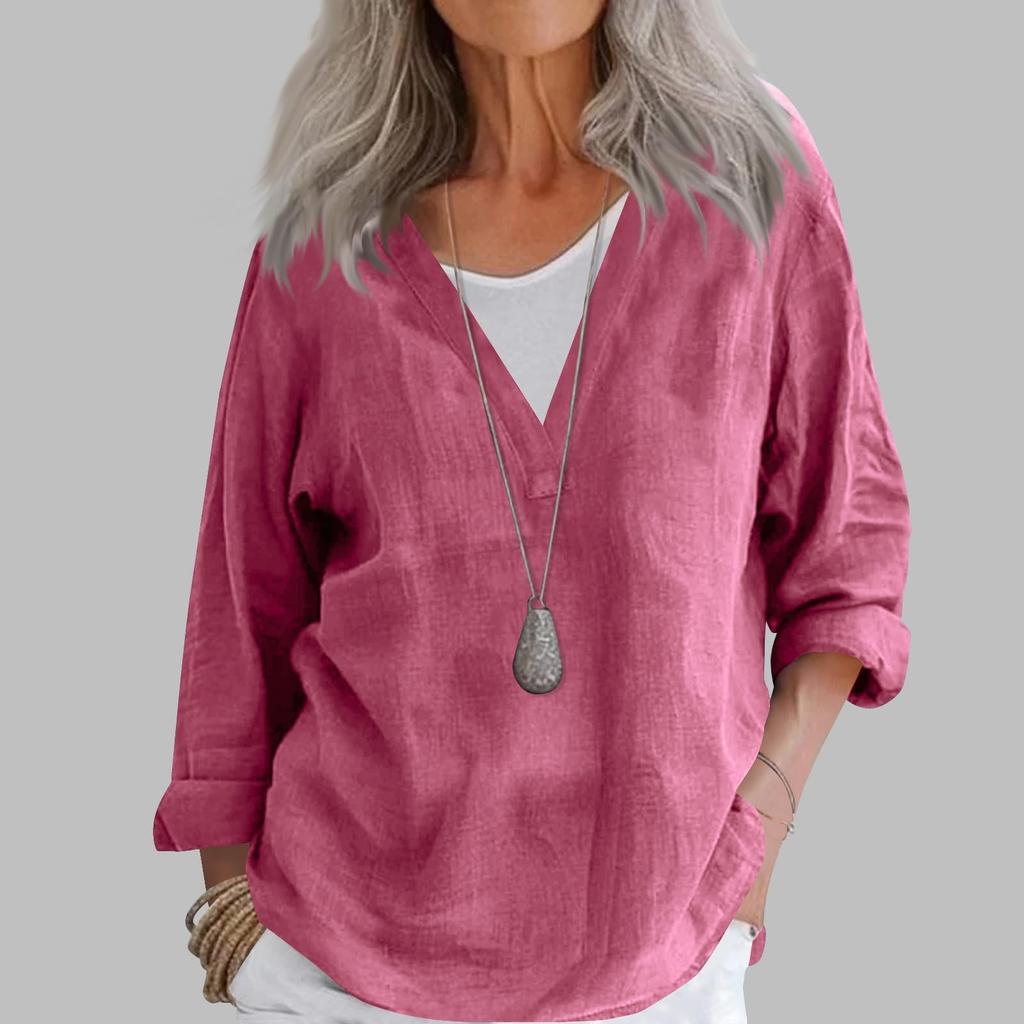 Mote Dame Casual Bomull Lin V-hals Langermet Genser Topp