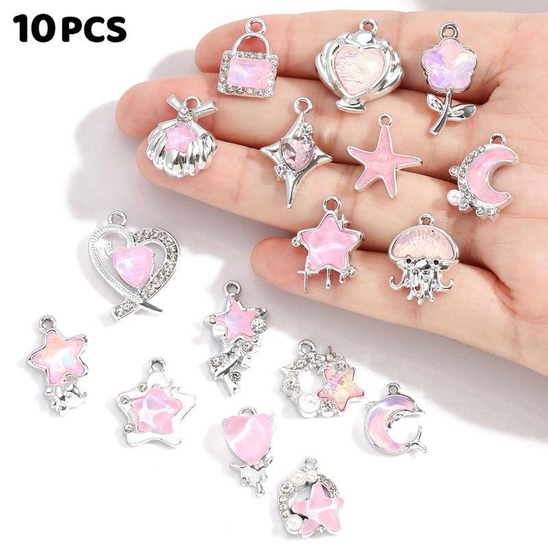 10 Pieces Assorted Alloy Pendants, Pink Resin Rhinestone Star Moon Design, DIY Jewelry Making for Necklaces & Bracelets
