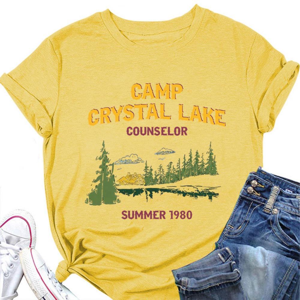 Summer New Women's Short Sleeved T-shirt Camp Crystal Lake Print Loose Round Neck Casual Top Paired with All Fashionable Clothing