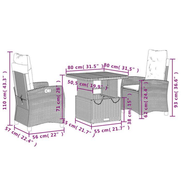 VidaXL Ensemble à Manger de Jardin avec Coussins 3 pcs, Table de Terrasse, Meubles de Patio, Mobilier d'Extérieur, Gris 3277397