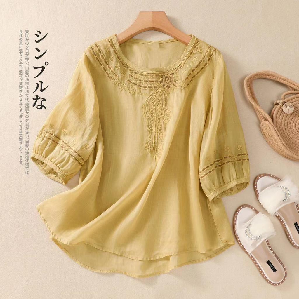 New literary and retro cotton and linen exquisite embroidery short-sleeved spring and summer half-sleeved large-size loose top women