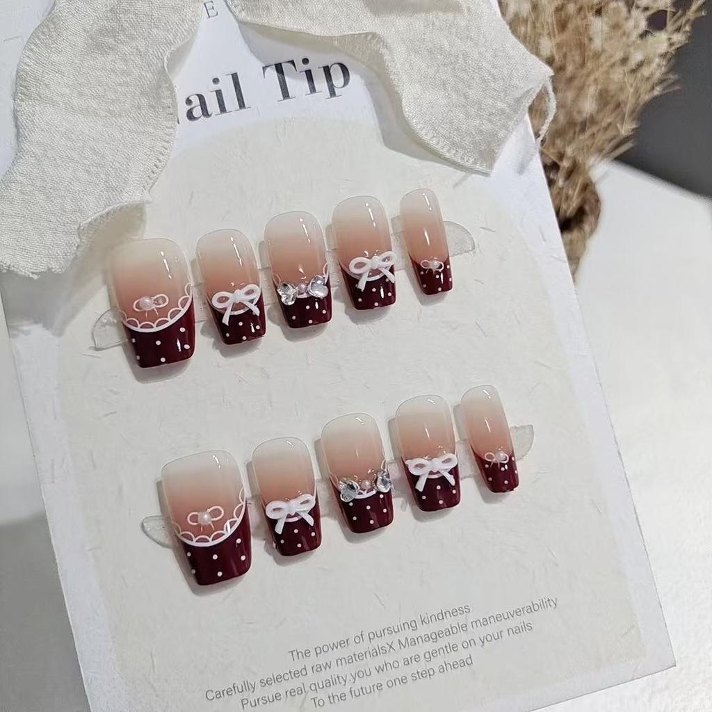 10Pcs Red Polka Dot Bow French Press On Nails Sweet Cute Handmade Removable False Nail Tips For Girls