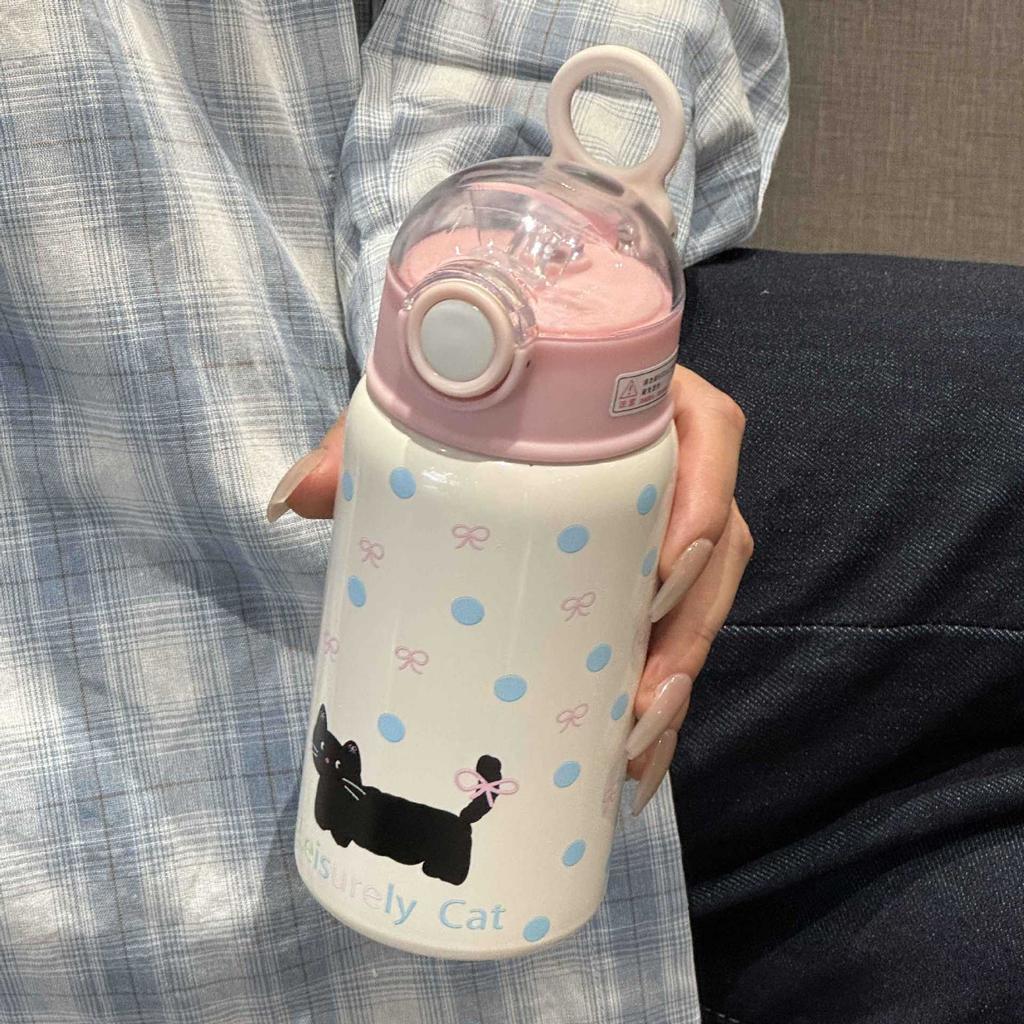 450ml Large Capacity Stainless Steel Thermos Bottle with Straw Cute Coffee Water Bottle for Girls Vacuum Flask Thermal Tumbler