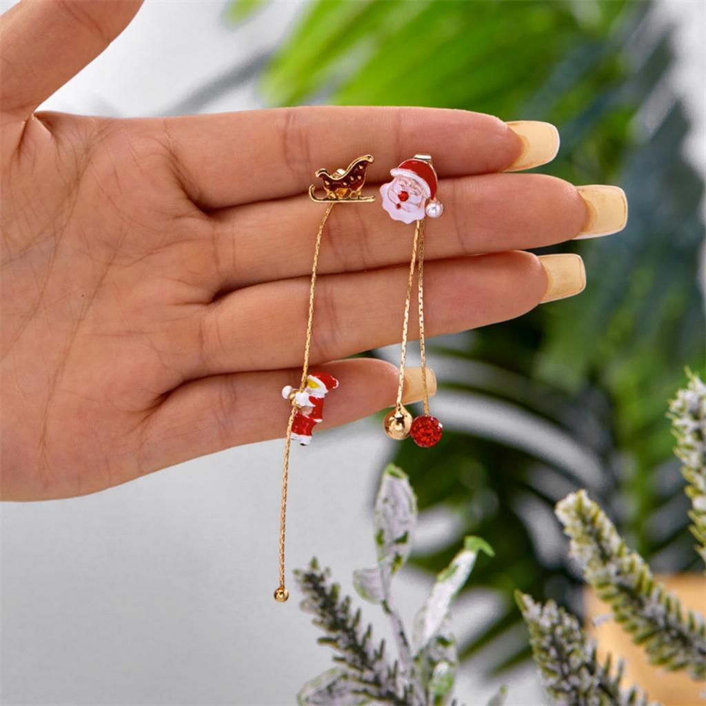 Christmas Crawling Santa Claus Asymmetric Tassel Drop Earrings Cartoon Sleigh Deer Tree Bell Glove Earring For Women Men Jewelry
