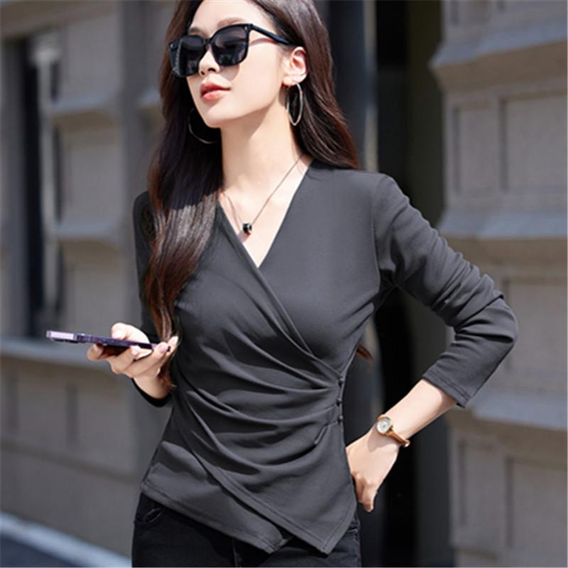 

Осенняя женская мятая футболка с V-образным вырезом и длинным рукавом XXL