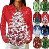 Women's Casual Christmas Print Button Down Long Sleeve Collared Blouse with Double Side Slit Hem