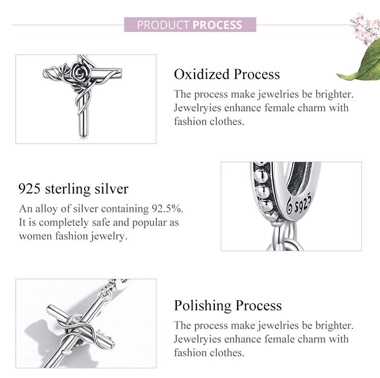 Bamoer 925 Sterling Silver Vintage Romantic Rose Vine and Cross Charm Pendant for Women Fine Jewelry