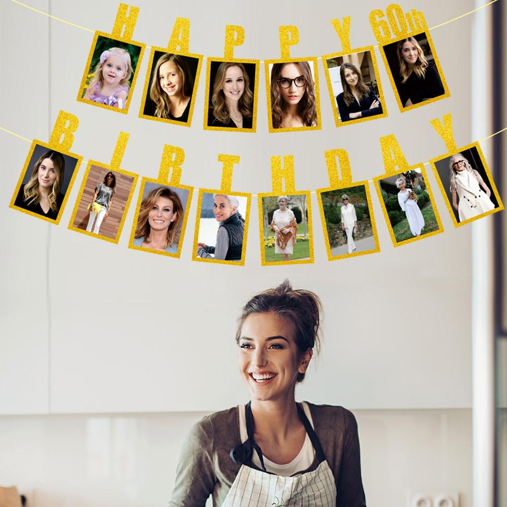 Birthday Golden 60th Photo Commemorate Banner Celebration Event Props Decoration