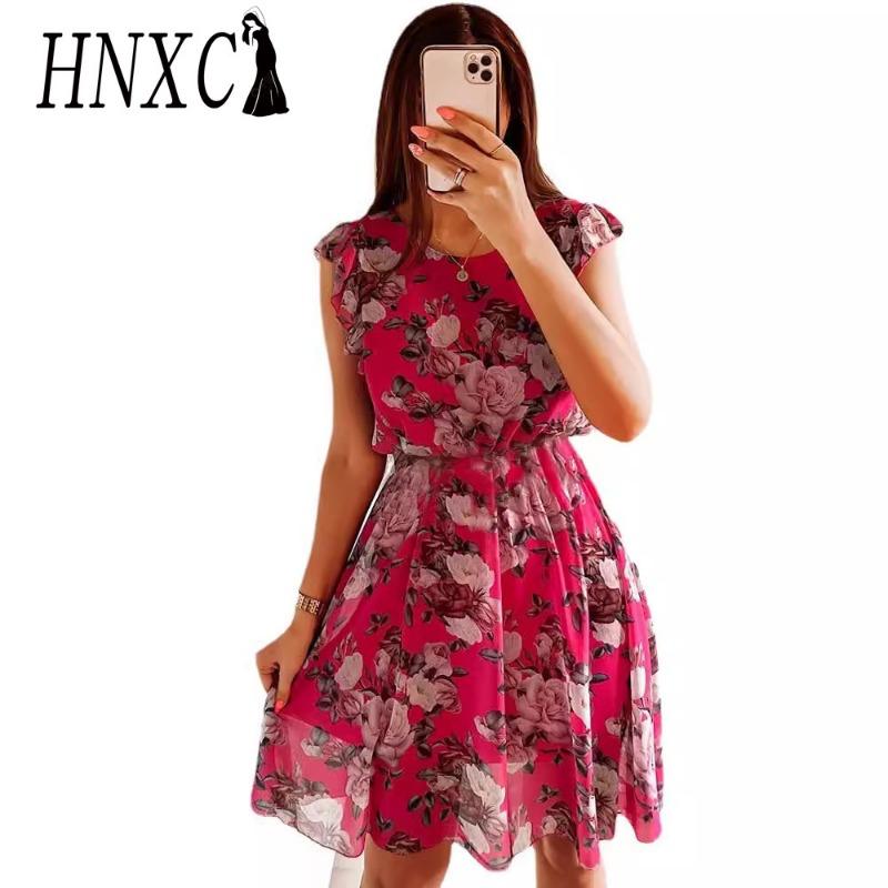 HNXC Rochie de damă la modă, casual, largă, cu gât rotund, mâneci fluture și imprimeu floral