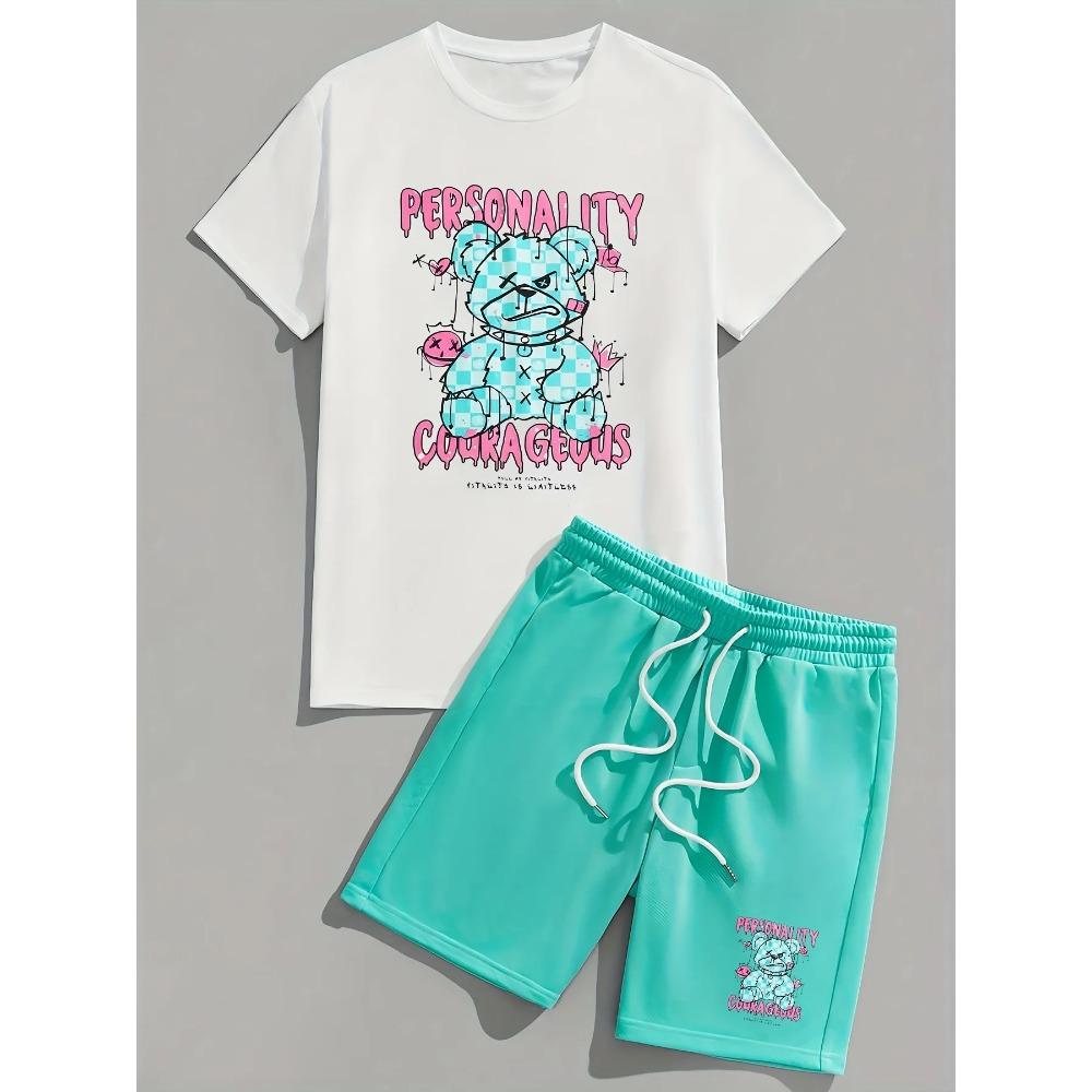 Summer Casual Short-Sleeve Fashionable Breathable Sports Set Loose Comfortable Soft Breathable Men's Bear Print Sport Wear