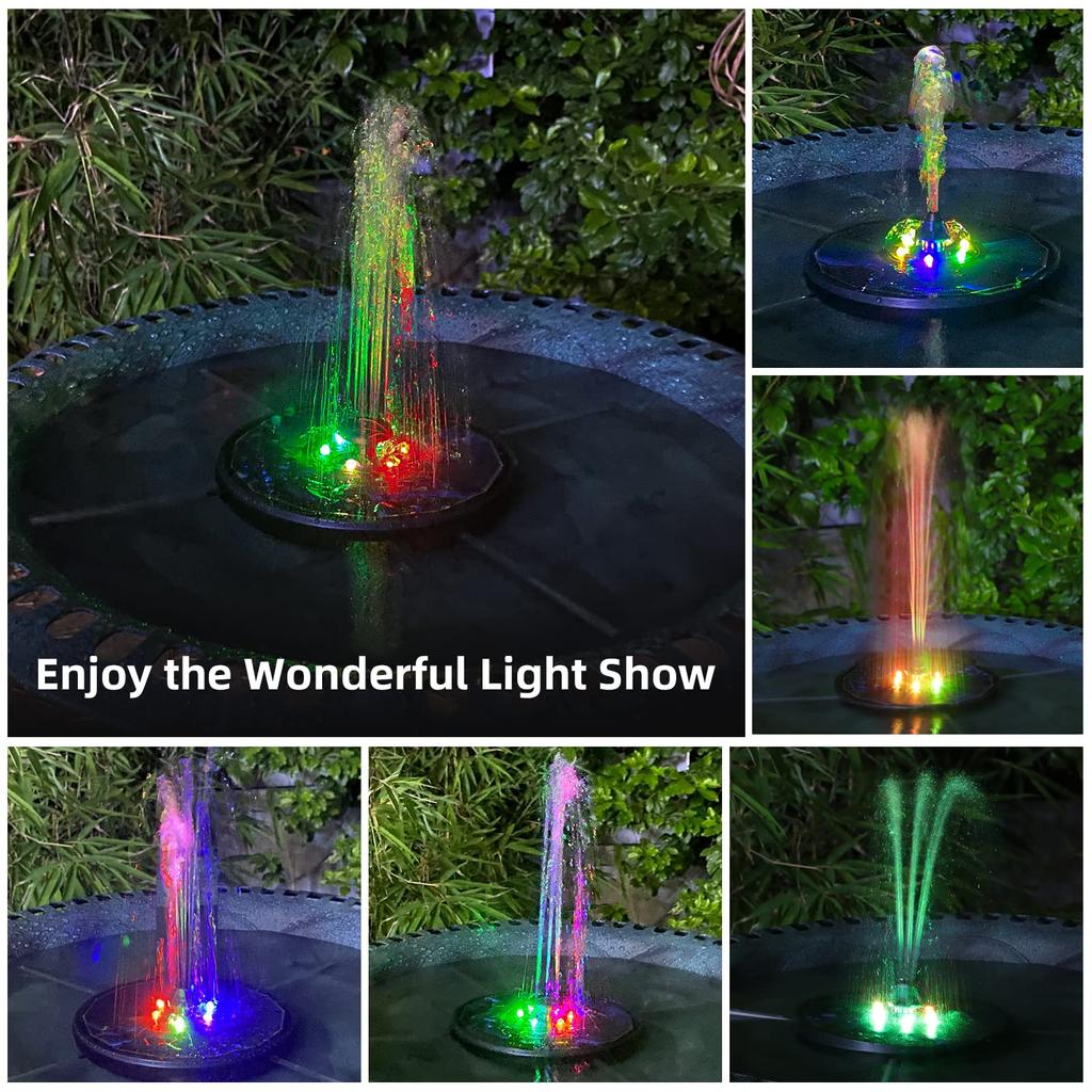 Solarbrunnen, 4 W, Vogelbad-Springbrunnenpumpe, verbesserter Springbrunnen mit Glasplatte und farbigen LED-Leuchten, 7 Düsen und 4 Halterungen