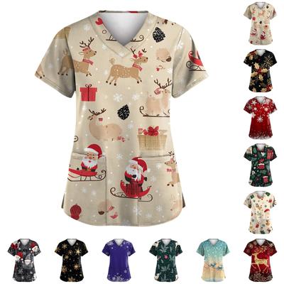 Женская модная футболка с коротким рукавом и V-образным вырезом, карманом и рождественским принтом