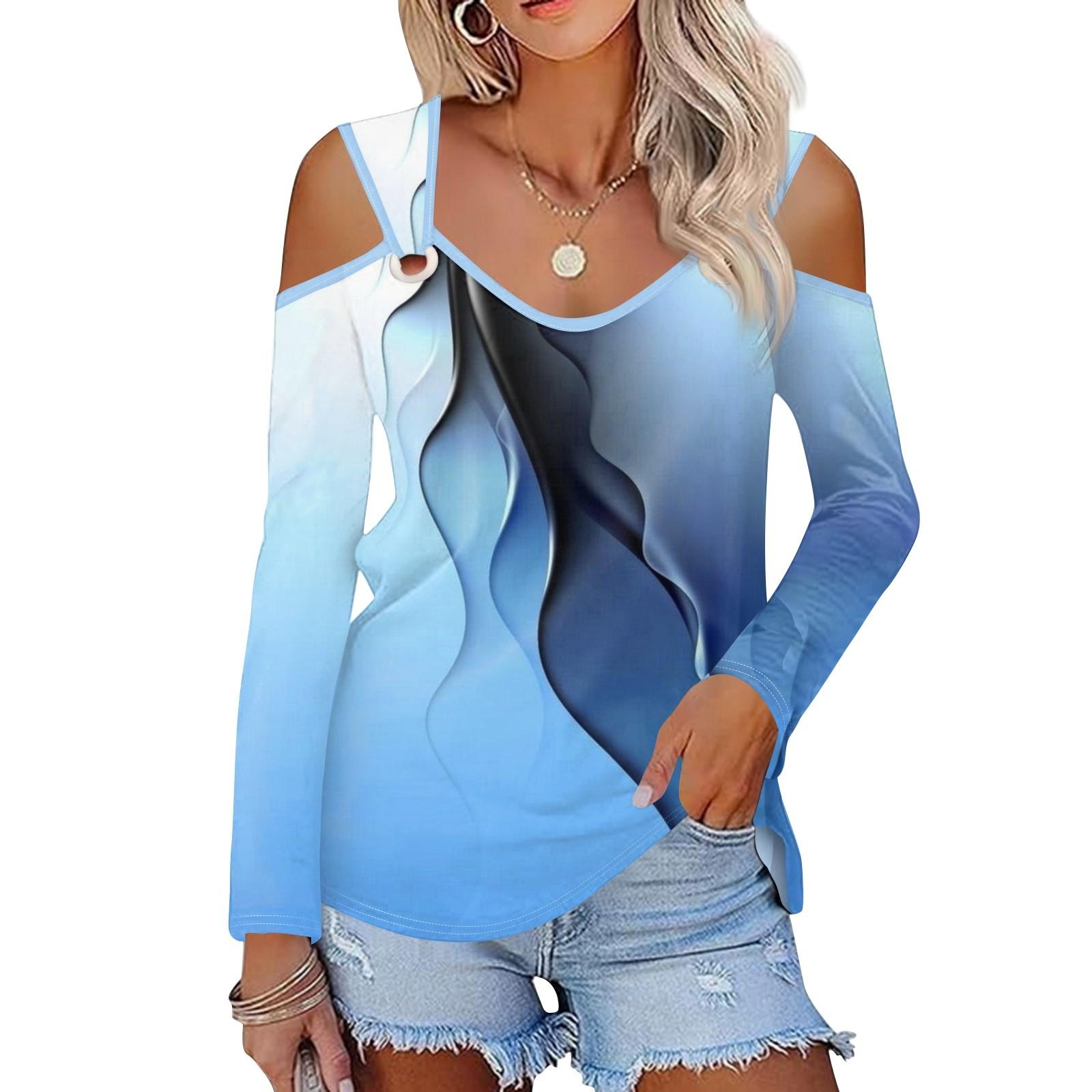 

Женская повседневная рубашка-блузка с принтом, V-образным вырезом, сексуальным открытыми плечами, длинным рукавом L синий