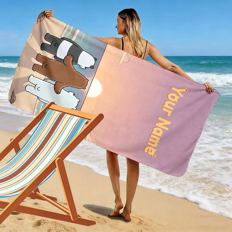 Name Custom We Bare Bears Print Beach Towel, Large Soft Quick Dry Towel for Beach Camping Swimming