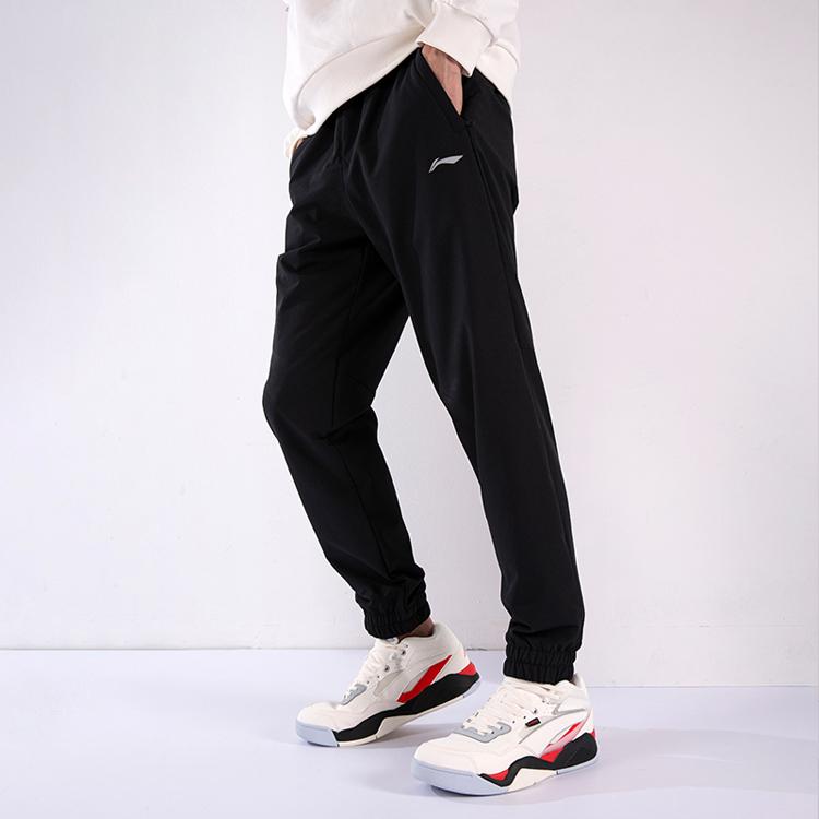 Li Ning Plain Logo Print Fleece Cuffed Sports Pants Men bottoms Black AYKR891-1