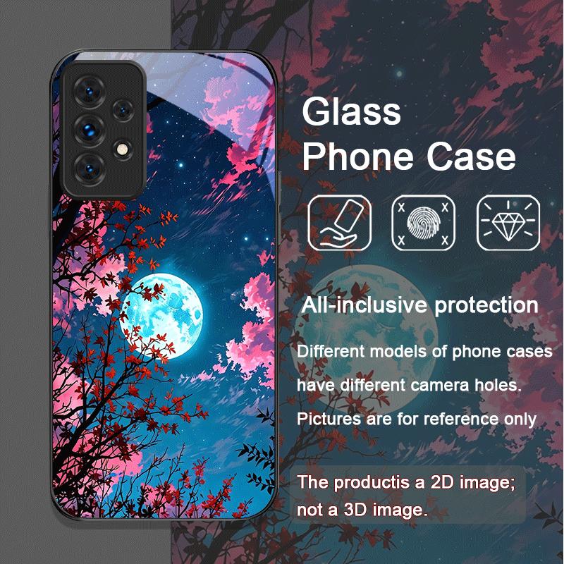 Moon Cherry Blossom Pattern Scenery Tempered Glass Phone Case for Samsung Galaxy A56 A72 A55 A54 A53 A52 A36 A15 A14 A13 Covers