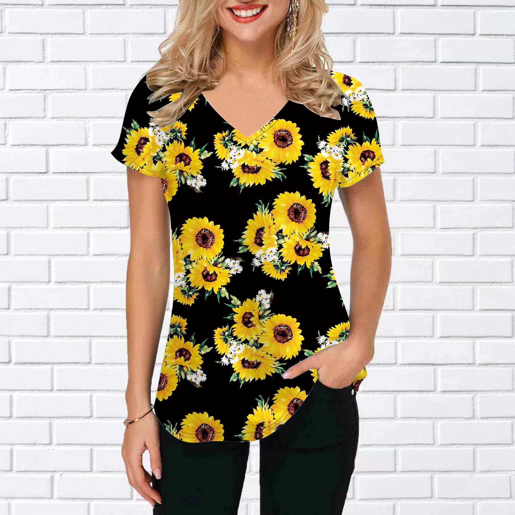 

Женские топы с V-образным вырезом и коротким рукавом с принтом подсолнухов, свободная футболка, повседневная блузка 8XL жёлтый
