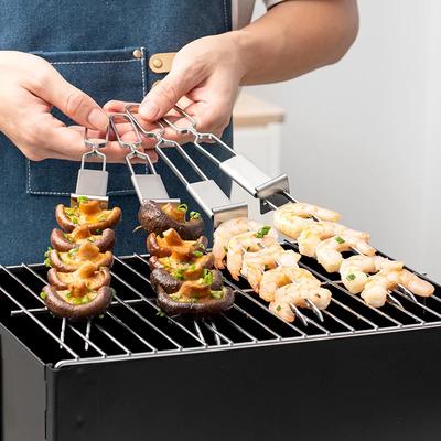 2/5/10 Stück Edelstahl Doppelspieß Grillspieße mit Selbstschiebeplatte Grillgabeln Outdoor Home BBQ Zubehör Werkzeuge