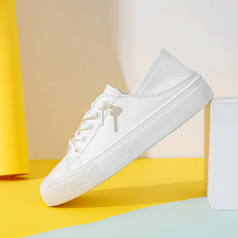 Fashion Genuine Leather White Women's Shoes Ugly Cute Square Head with Soft Bottom Ladies Design Square Toe Flat Casual Shoes2024