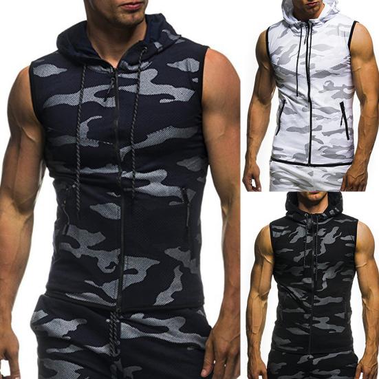 Sommer Herren Gym Fitness Camouflage Mesh Kapuzenpullover mit Reißverschluss Ärmelloses Kapuzen-Tanktop