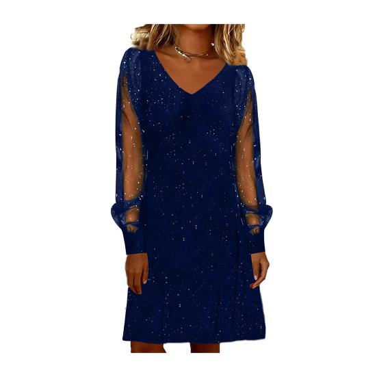 Women's Sparkly Mesh Long Sleeve Mini Dress Glitter V Neck Banquet Cocktail Party Dress Going Out Club Night Outfits