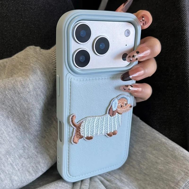 Three-dimensional Embroidery Dachshund for iPhone17promax Bulging Bag Leather Pattern Mobile Phone Case Apple 16 Cute 15 Soft