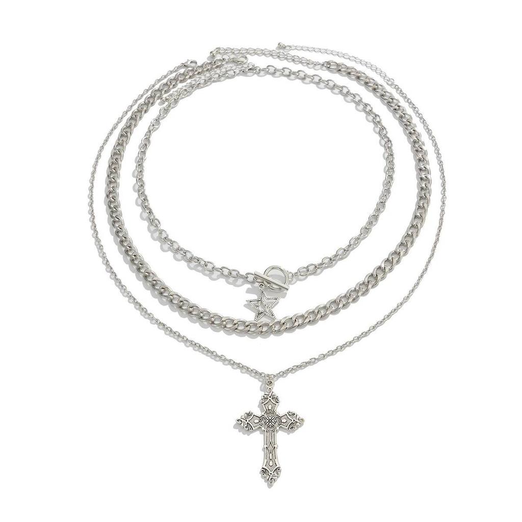 SHIXIN 3 Stück/Set Punk-Stil Stern Jesus Kreuz Anhänger Halskette für Männer Hip Hop Stapelbar Mehrschichtig Dicke Kette Choker Halskette
