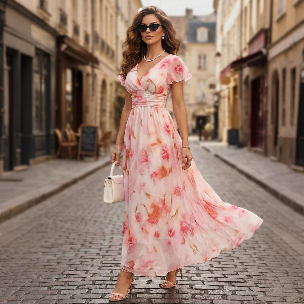 Women's V Neck Ruffle Sleeve Floral Print Waist Cinch Maxi Dress Lightweight Chiffon Elegant Vacation Dress