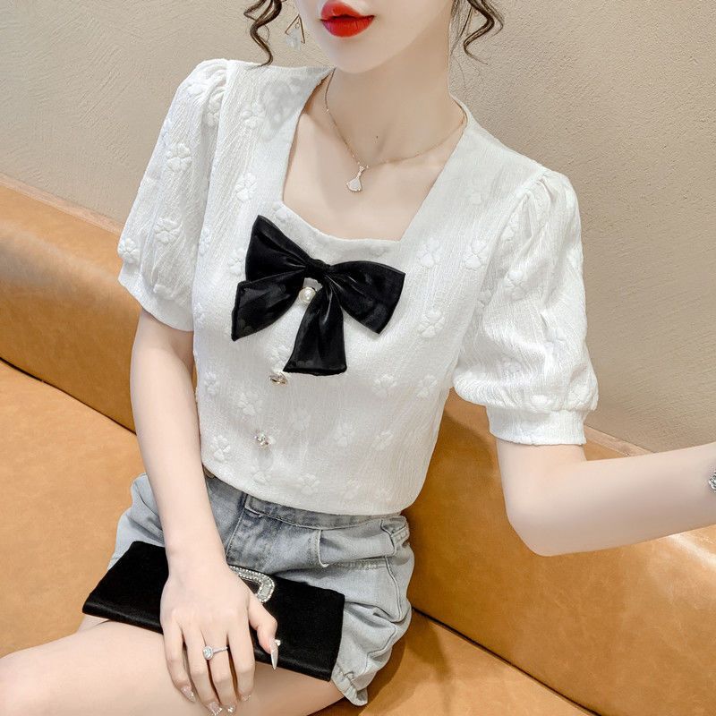Spring and Autumn Women's Collar Bow Slimming Long Sleeved Shirt Loose Fitting Pullover Top