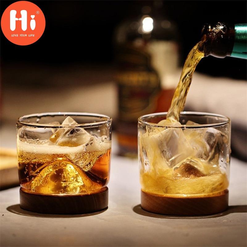 Hi 120ML Transparent Mountain Whiskey Glass with Wooden Base Heat Resistant Beer Glass Wine Water Tea Cup Set Bar Drinkware