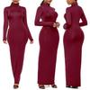 Stretchy Bodycon Long Dress Solid Color Turtle Neck Casual Womens Long Sleeve