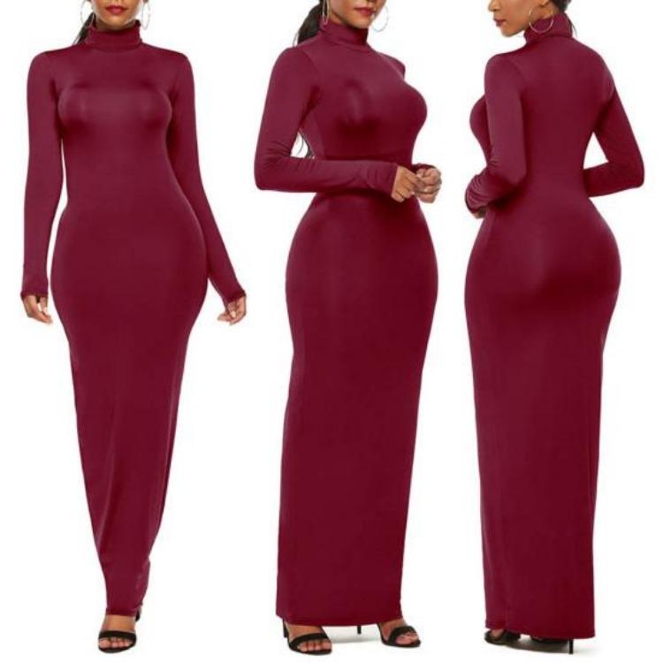 Stretchy Bodycon Long Dress Solid Color Turtle Neck Casual Womens Long Sleeve
