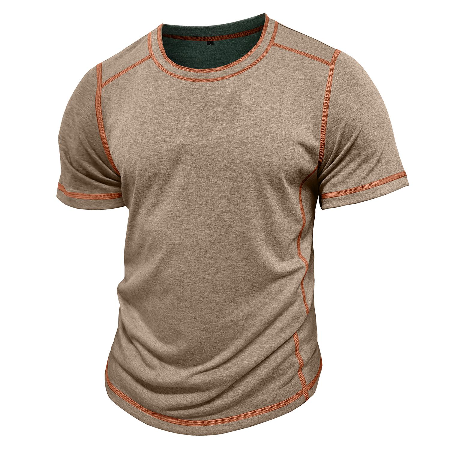 Men’s T-shirts Round Neck Short Sleeves Basic Shirts Color Block Pullover Tops Summer Casual Wear M хаки