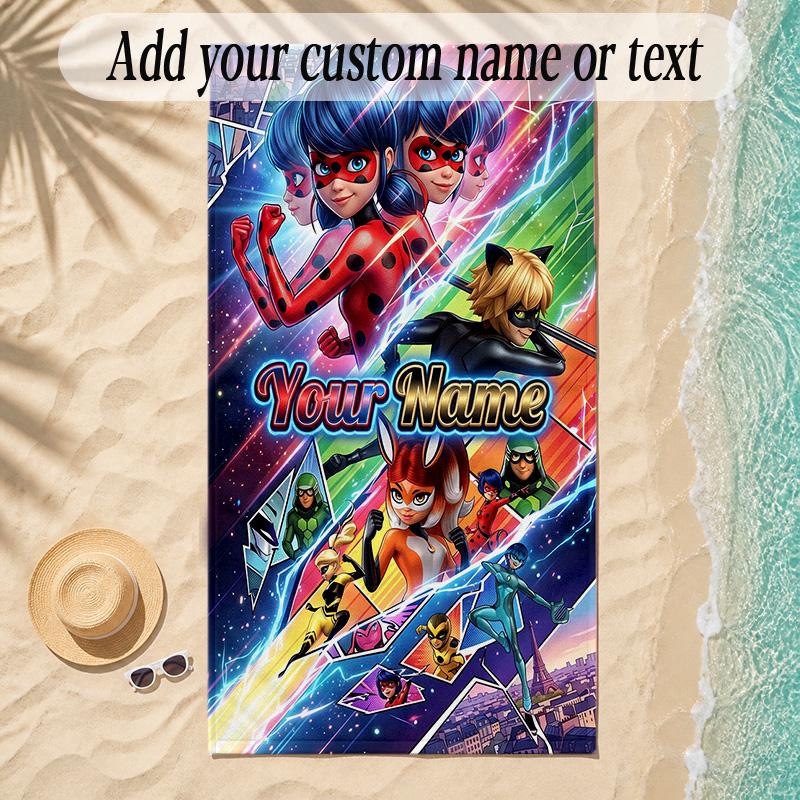 Beach TowelMiraculous Ladybug Custom Name Text Personalized Soft Towel for Beach Pool Indoor Home Decor Gift