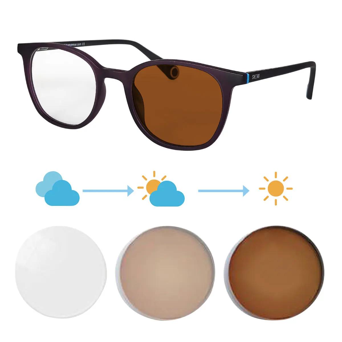 SHINU Shortsighted Eyeglasses Ladies Photochromic Lenses -200 Shortsighted Glasses Change Blue Pink Lens Glasses Ladies -2.00 myopia 1.25