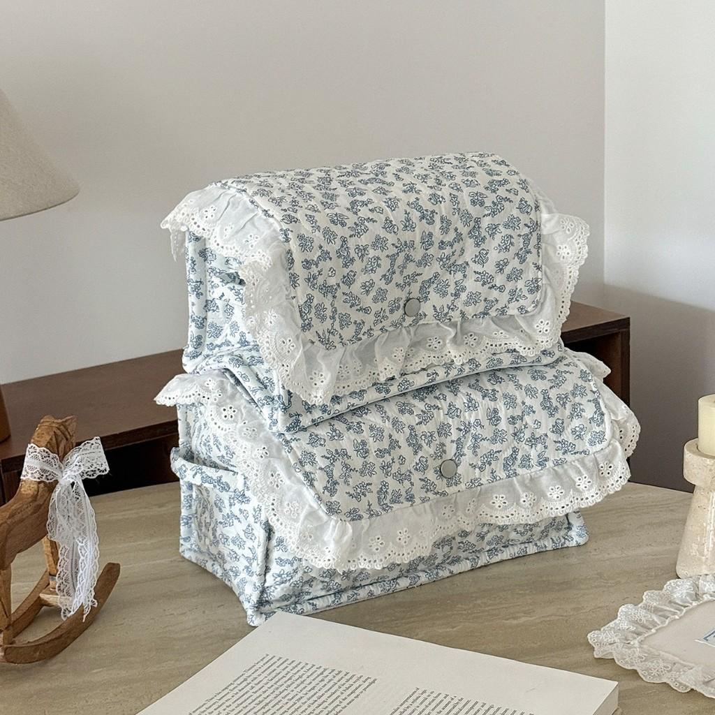Blue Floral Storage Basket With Magnetic Lid For Bedroom And Desk Organization